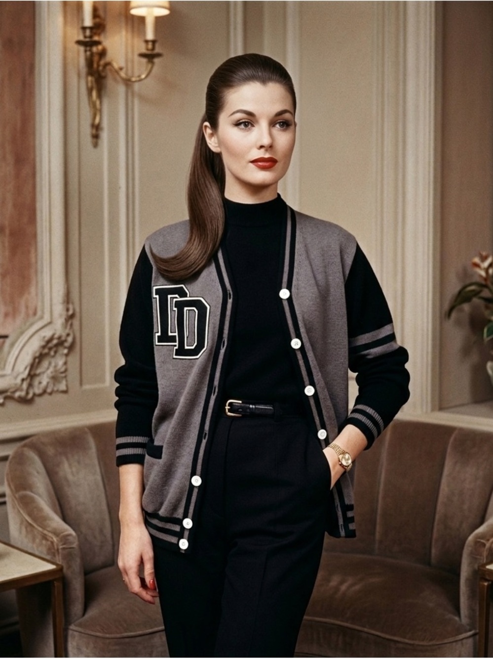 Black Gray Embroidered Cardigan Patch Varsity Cheerleader Letterman Sweater M